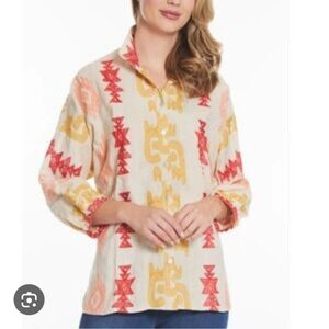 NEW John Mark Linen Tunic Top Multicolored Embroidered Boho Blouse Size XL